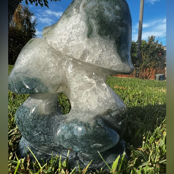 Extra Large Moss Agate Triple Mushroom with Quartz - Picture 9 of 9